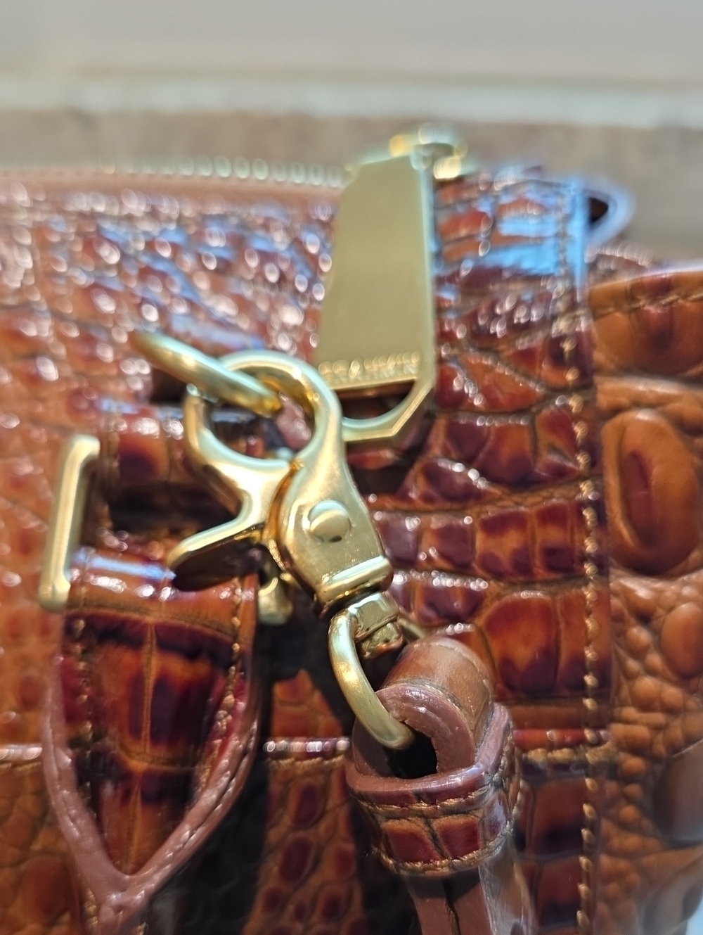 Brahmin Malia Croc-Embossed Brown Leather Satchel with Gold Hardware - Picture 7 of 10